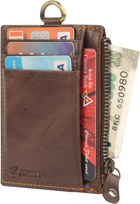 Jungler RFID Blocking Sleek Premium Quality Genuine Leather Office ID Card/ Debit/Credit Minimalist Card Wallet With Zipper 6 Card Holder(Set of 1, Brown)