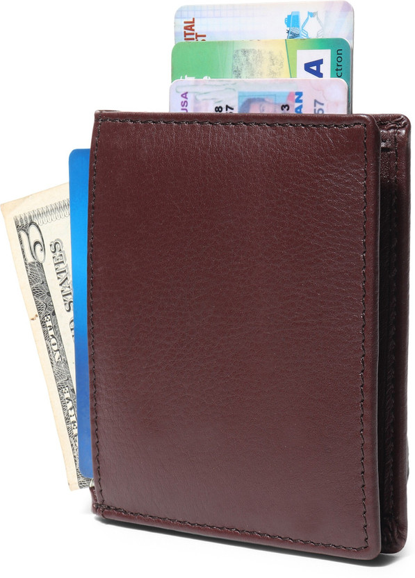 Jungler RFID Blocking Minimalist Genuine Leather Minimalist Wallet Slim Front Pocket Card Wallet Credit Card Holder With Note Compartment 8 Card Holder(Set of 1, Maroon)