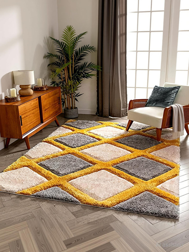 SR Handloom 6 ft  X 2 ft Polyester Carpet(Rectangle, Yellow, Grey, Beige)