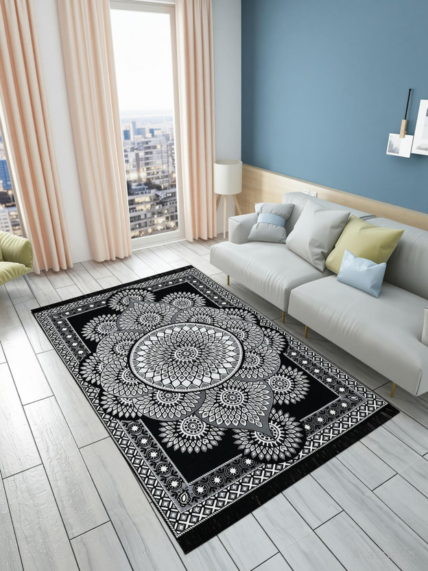 Furnishing Hut 4 ft  X 7 ft Cotton Carpet(Rectangle, Black)