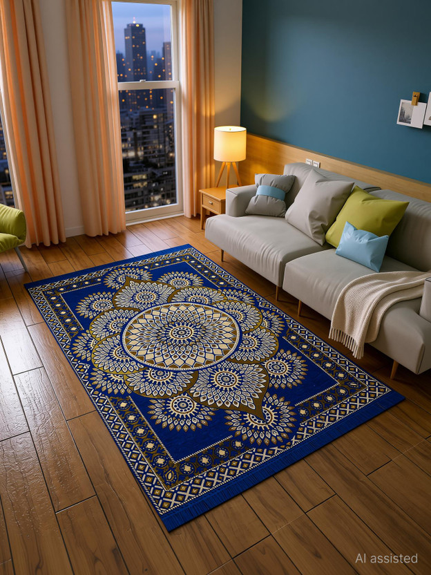 Furnishing Hut 4 ft  X 7 ft Cotton Carpet(Rectangle, Blue)