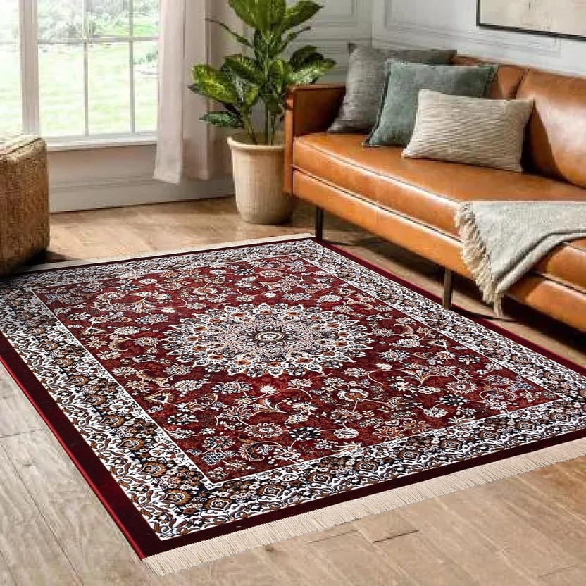 R CARPETS 7 ft  X 5 ft Acrylic Carpet(Rectangle, Red, Black)