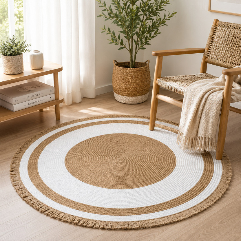 freedo 65 cm  X 1 cm Jute Area Rug(Circle, White, Beige)