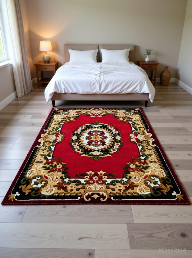 R CARPETS 5 ft  X 7 ft Silk, Wool Carpet(Rectangle, Red)