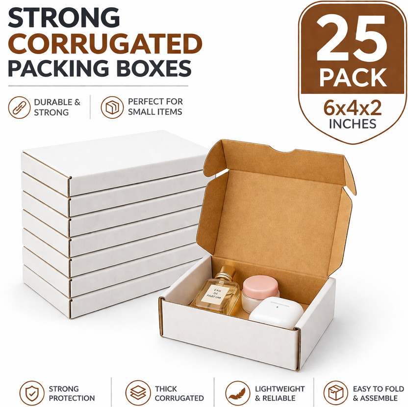 Akash Corrugated Cardboard 3 Ply Flap Box(6x4x2 inch), Jewelry|Gifts|Cosmetics|Small Items|eCommerce Shipping Packaging Box(Pack of 25 White)