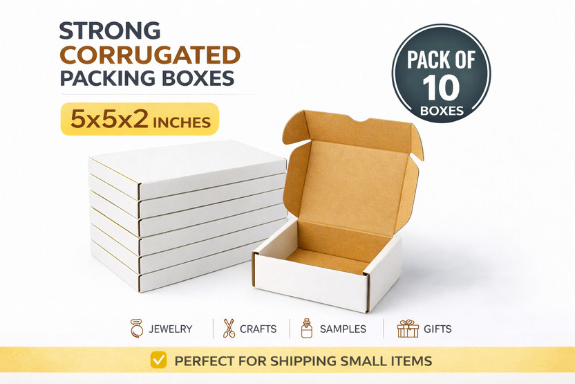 Akash Corrugated Cardboard 5x5x2 Inch 3 Ply Packing Box, Small Mailer Box for Gifts, Jewellery & E-Commerce Packaging Box(Pack of 10 White)