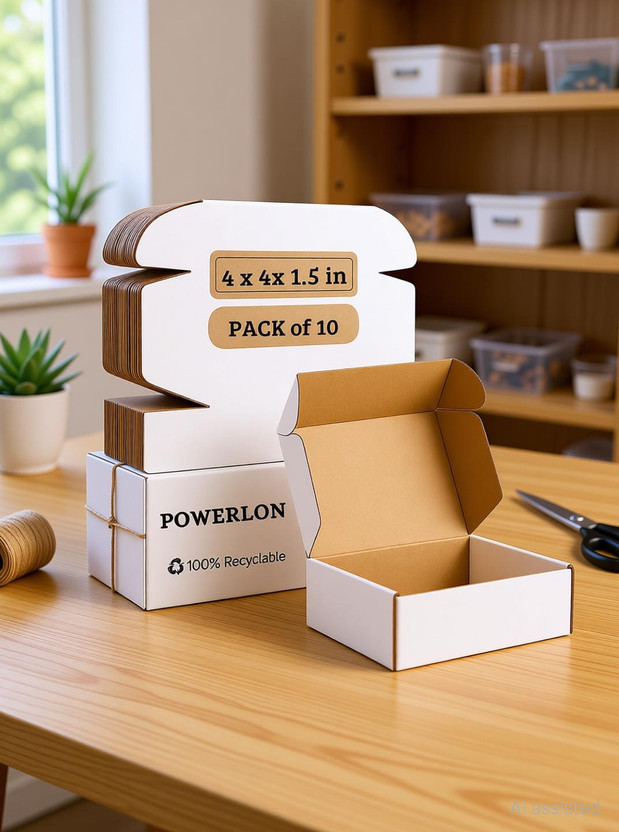 POWERLON Corrugated Cardboard WHITE Flap Box(4x4x1.5 inch)for Jewelry|GiftseCommerce|Cosmetics|Small Items| Packaging Box(Pack of 10 White)