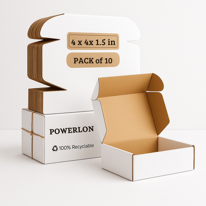 POWERLON Corrugated Cardboard WHITE Flap Box(4x4x1.5 inch)for Jewelry|GiftseCommerce|Cosmetics|Small Items| Packaging Box(Pack of 10 White)