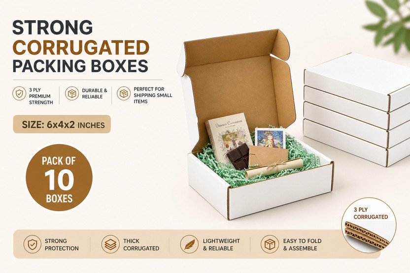 Akash Corrugated Cardboard 3 Ply Flap Box(6x4x2 inch), Jewelry|Gifts|Cosmetics|eCommerce Shipping Packaging Box(Pack of 10 White)