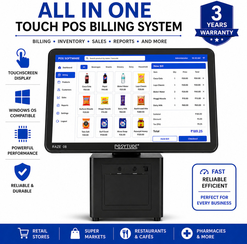 POSYTUDE RAZE 08 Touch Screen Billing Machine Table Top Cash Register(LCD Touch Screen)