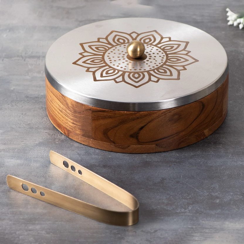 SBBH HOME Mandala Wooden Chapati Box with Metal Lid and Tong Serve Casserole(1000 ml)