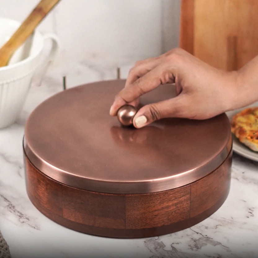 SBBH HOME Wooden Copper Finish Chapati Box with Metal Lid and Tong Serve Casserole(1000 ml)
