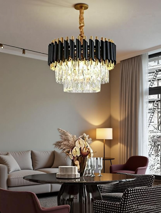 SHRESHTHA crystal Black Gold polish metal 300mm chandelier hanging ceiling pendant jhoomer Chandelier Ceiling Lamp(Black, Gold)
