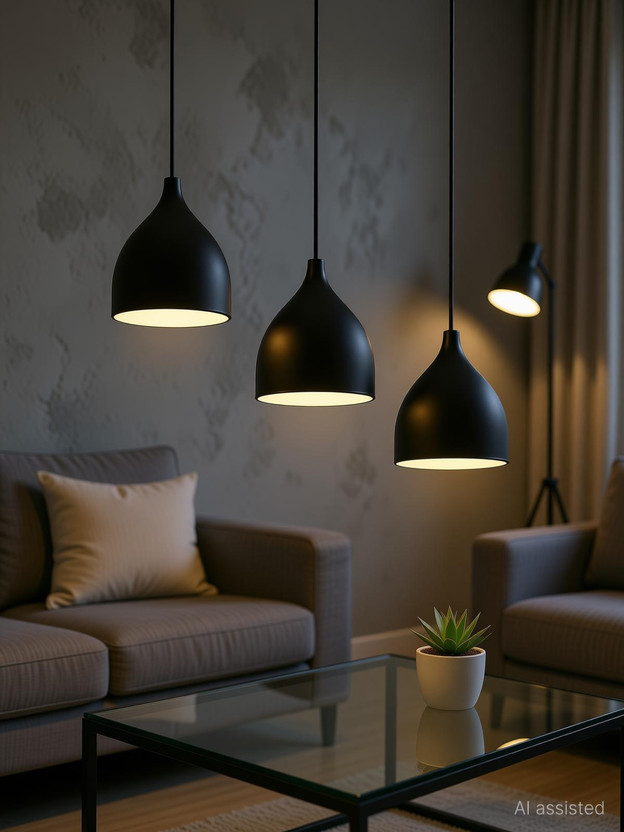 KINIS KIN-6 INCH PLAIN BLACK LINEAR THAALI Cluster Pendant Light Chandelier Ceiling Lamp(Black)