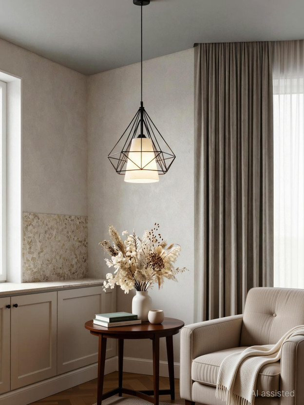 DECORLIA DECORLIA EMPORIO Diamond Ceiling Lamp with LED Bulb –Fabric Inner Shade Pendants Ceiling Lamp(Black) - Flipkart Deal