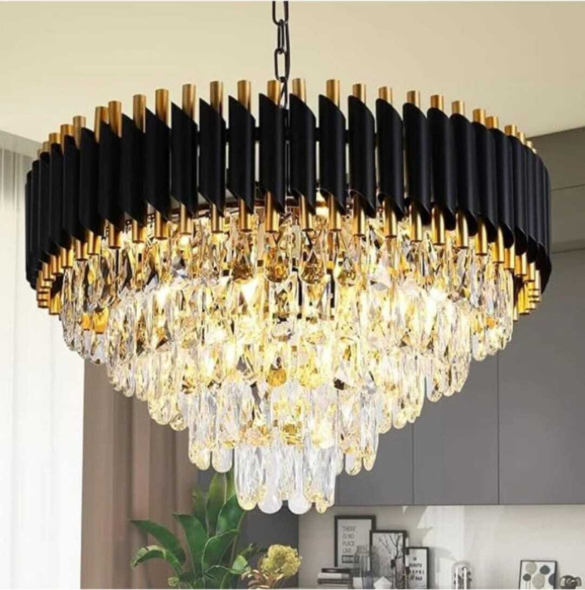Yavik Chandelier light 500mm Crystal Black Gold Polish Metal Jhumar for hall, ceiling Ceiling Light Ceiling Lamp(Gold, Black)