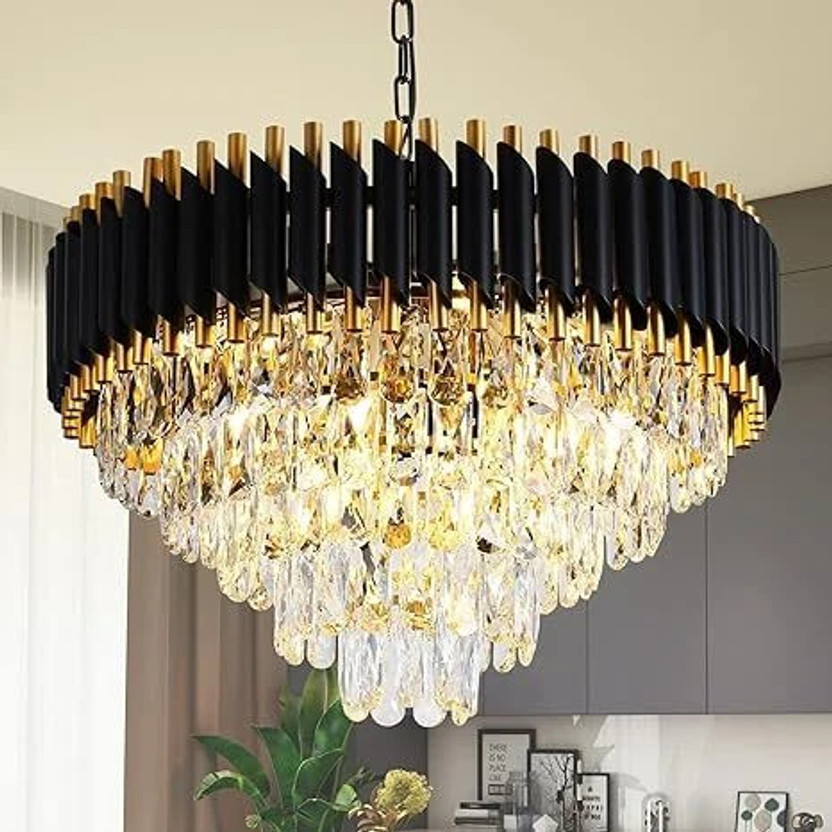SHRESHTHA crystal Black Gold polish metal 600mm chandelier hanging ceiling pendant jhoomer Chandelier Ceiling Lamp(Black, Gold)