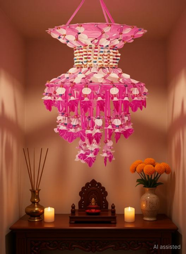 KAXTANG Decorative Jhoomar Wind Chime Hanging Bell ganesha Jhumer multi Colour Full Door,Wall Hanging for Home,temple,Event Decoration Decorative Showpiece - 45cm Pendant Lamp Ceiling Lamp(Pink)