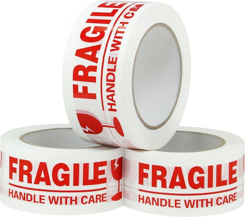 JPPL Fragile Packaging Tape | Very strong adhesive tape | Fragile tape | Ideal for shipping and packing fragile goods | Suitable for industrial packaging. (Manual)(Set of 3, white, red)