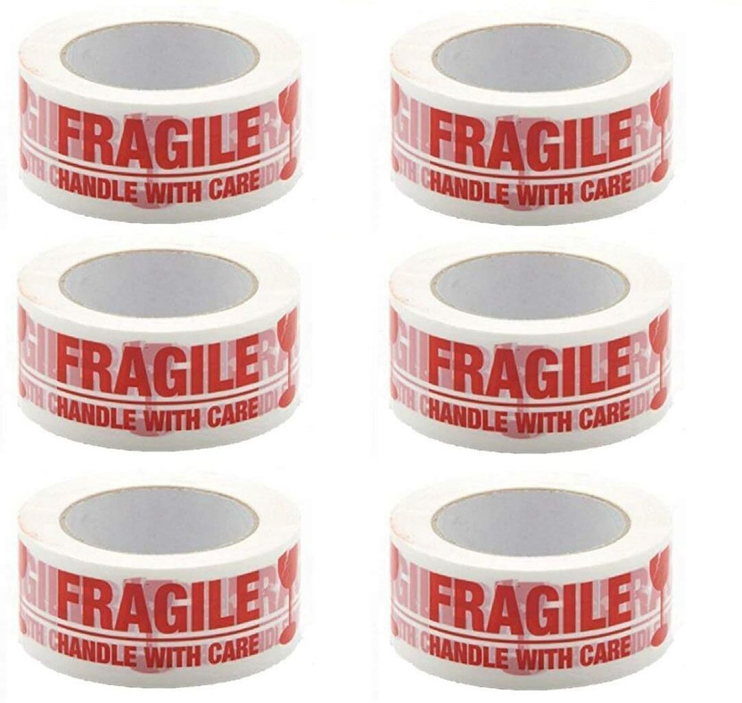 Hippo JPPL Fragile Packaging Tape Strong Adhesive Printed Warning Tape Fragile Handle With care Printed Cello Tape (Manual)(Set of 6, Red, White)