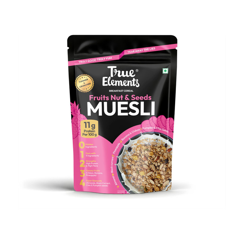 True Elements Fruit and Nut Muesli, Zero Added Sugar, Ready to Eat Breakfast, High Protein Pouch(900 g)