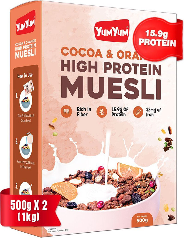 YUM YUM Cocoa & Orange High Protein Muesli 1kg, Healthy Breakfast Cereal Ready to Eat - Box(2 x 0.5 kg)