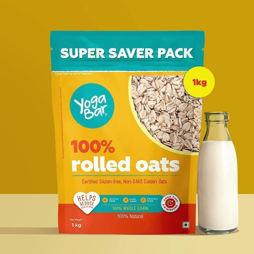 Yogabar by Yogabar 100% Rolled Oats 1kg |Premium Golden Oats|Gluten Free No Added Sugar Pouch(1 kg)