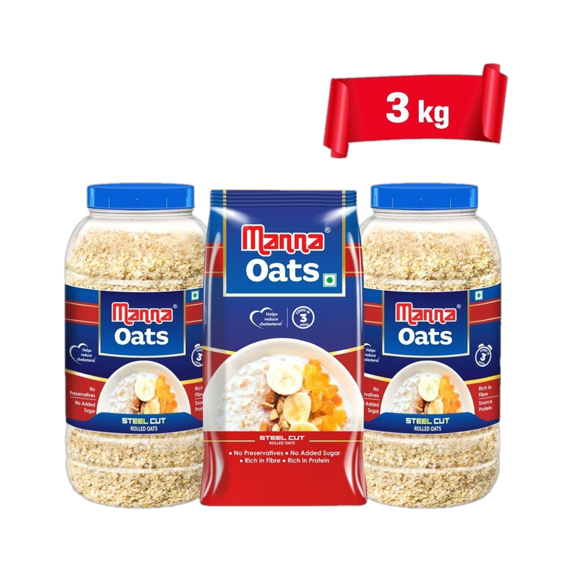 Manna by Manna Oats (2Jar+1Pouch) Gluten Free| High Fibre & Protein | Good for Diabetics Plastic Bottle(3 x 1 kg)