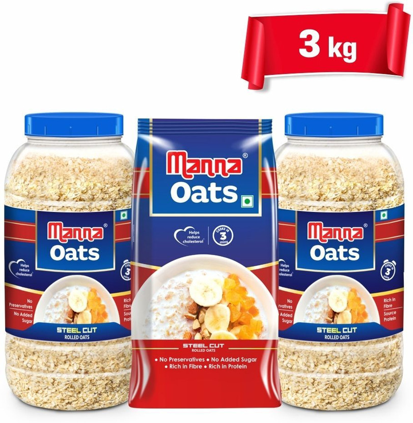 Manna by Manna Oats (2Jar+1Pouch) Gluten Free| High Fibre & Protein | Good for Diabetics Plastic Bottle(3 x 1 kg)