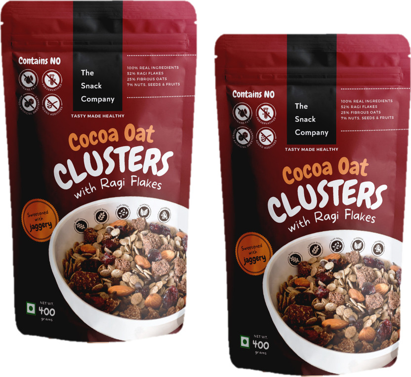 The Snack Company by The Snack Company Cocoa Oat Clusters with Ragi Flakes | 81% Millets & grains | Chocolate Breakfast Pouch(2 x 400 g)