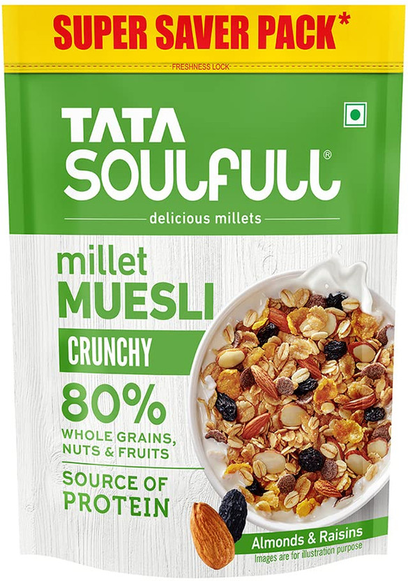 Tata Soulfull Millet Muesli, Crunchy, 80% Wholegrains, High Protein, Breakfast Cereal Pouch(700 g)