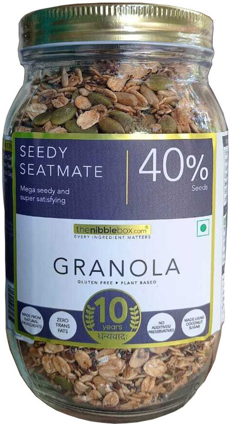 TheNibbleBox Seedy Seatmate Granola, 500g Jar [ 40% seeds by weight, gluten free, vegan friendly, no refined sugar] 6.9g protein per serving Glass Bottle(500 g)