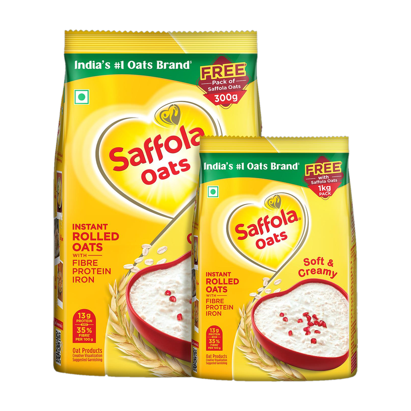 Saffola Oats, High Protein (13g), High Fibre (10g) | Instant Rolled Oats | Soft & Creamy Pouch(1.3 kg)