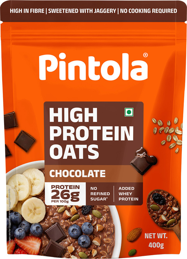 Pintola 25g High Protein Oats - Dark Chocolate, No Refined Sugar, Breakfast Cereals Pouch(400 g)