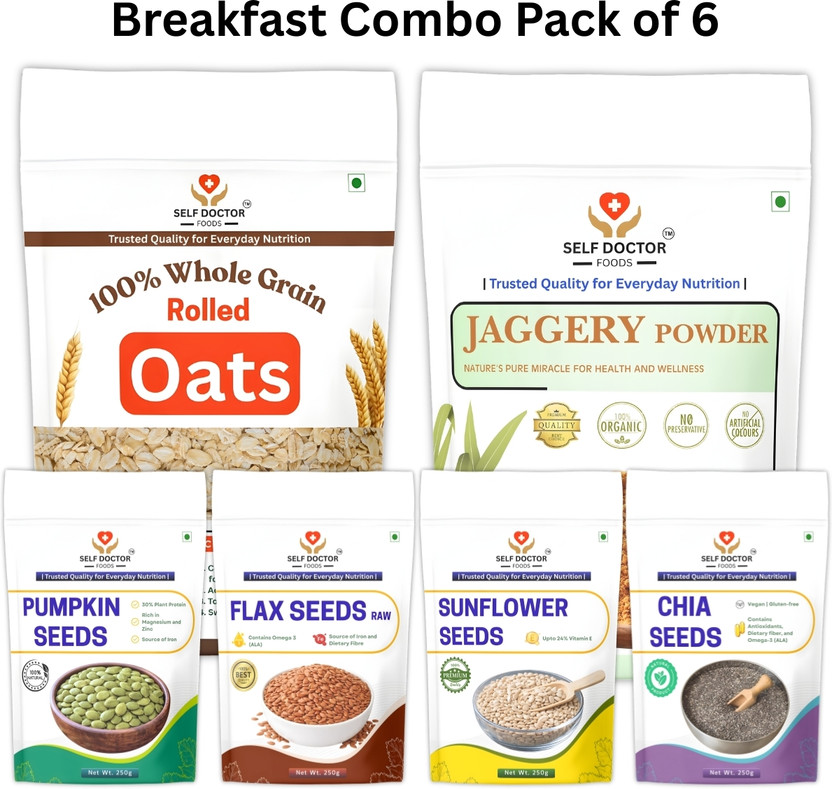 SELF SELF DOCTOR FOODS Healthy Breakfast Combo | Oats, Seeds & Jaggery | Source of Nutrition Combo(Rolled Oats 1 kg, Jaggery Powder 400g, Pumpkin Seeds 250g, Sunflower Seeds 250g, Chia Seeds 250g, Flax Seeds 250g) - Flipkart Deal