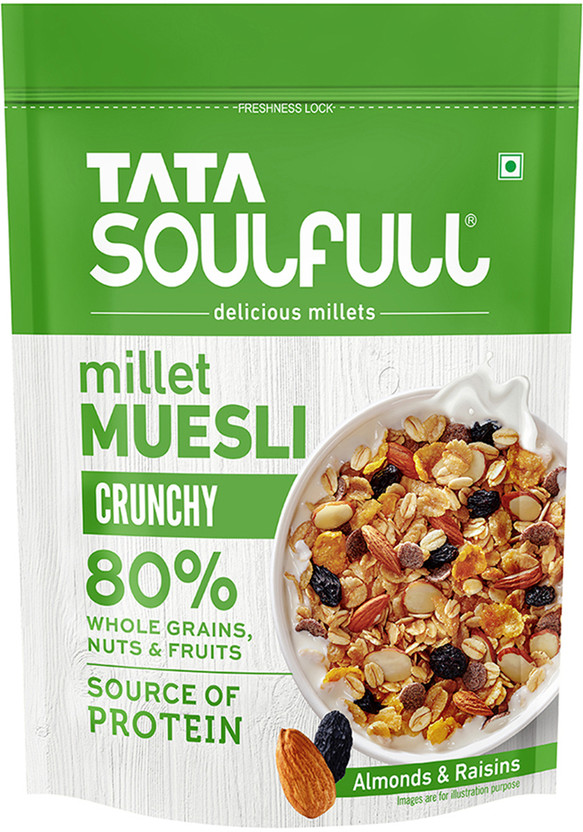 Tata Soulfull Millet Muesli, Crunchy, 80% Wholegrains, High Protein, Breakfast Cereal Pouch(500 g)
