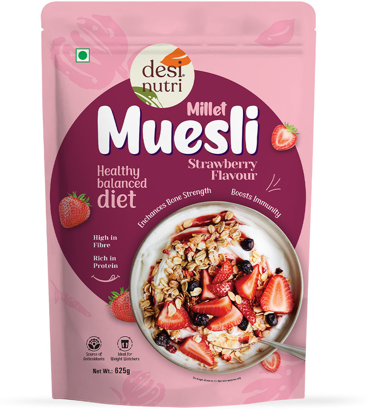 DesiNutri Millet Muesli Strawberry Flavour Healthy Balanced diet Pouch(625 g)