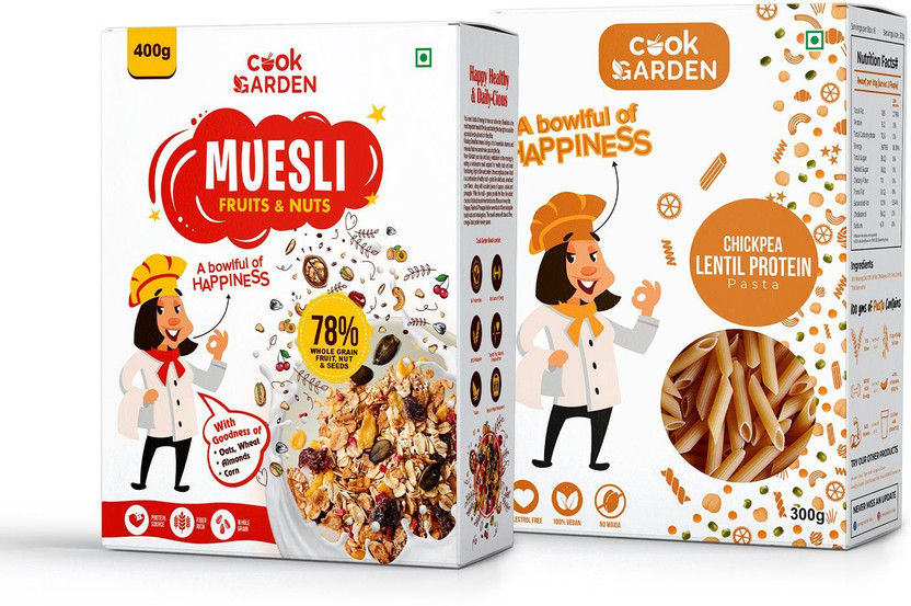 Cook Garden by COOKGARDEN Fruits & Nuts Muesli and Lentil Pasta, Healthy Protein & Breakfast Cereal Box(2 x 350 g)