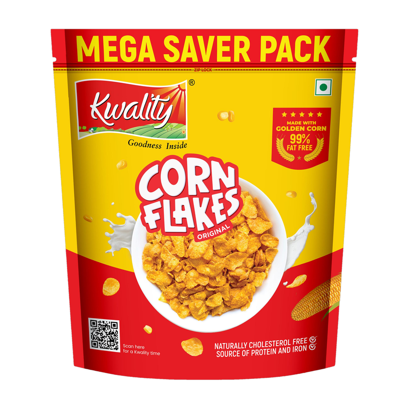 Kwality by Kwality Corn Flakes Original, 99% Fat-Free, Vitamins, Iron & Proteins, Breakfast cereals Pouch(800 g)