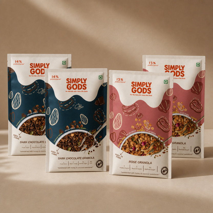 SimplyGods by SimplyGods Global Pvt Ltd Dark Chocolate & Rose Breakfast Granola | High Fiber | 14% Protein per serve| Sachet(4 x 50 g)