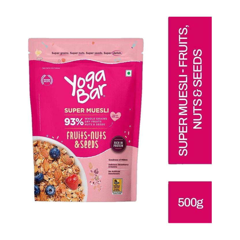 Yogabar Muesli 500g Fruits Nuts&Seeds| Breakfast Cereal with High Fibre, High Protein Pouch(500 g)