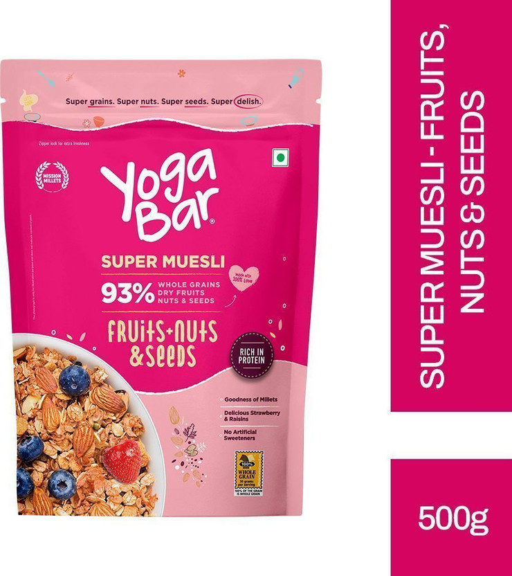 Yogabar Muesli 500g Fruits Nuts&Seeds| Breakfast Cereal with High Fibre, High Protein Pouch(500 g)