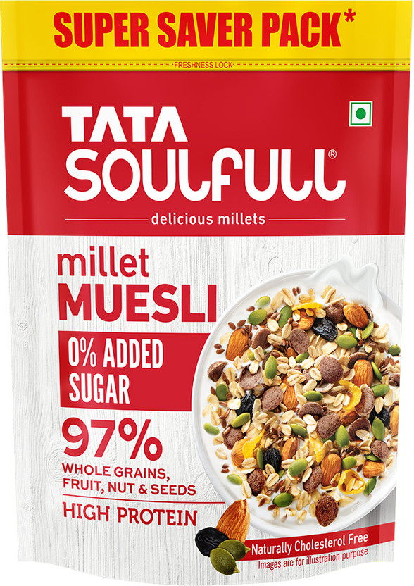 Tata Soulfull 0% Added Sugar Millet Muesli, High Protein, 97% Wholegrains, Fruit, Nut & Seeds Pouch(700 g)