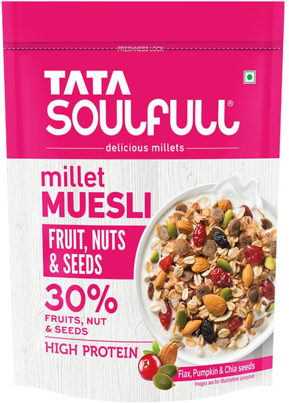 Tata Soulfull Millet Muesli, Fruit Nuts & Seeds, High Protein, Breakfast Cereal Pouch(500 g)