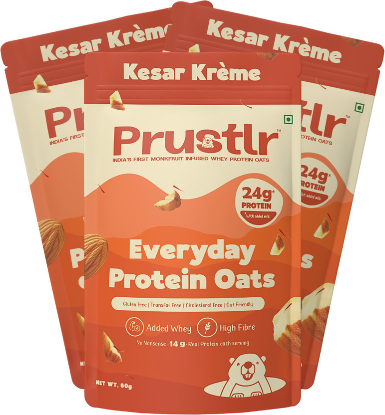 prustlr Kesar Krème Oats for Healthy Breakfast |Power of Protein, Iron & Fibre, Pouch(3 x 60 g)
