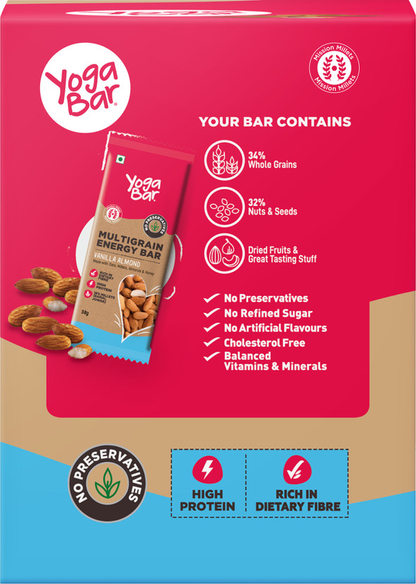 Yogabar Multigrain Energy Bar | Vanilla Almond | Pack of 10 | Box(10 x 38 g)