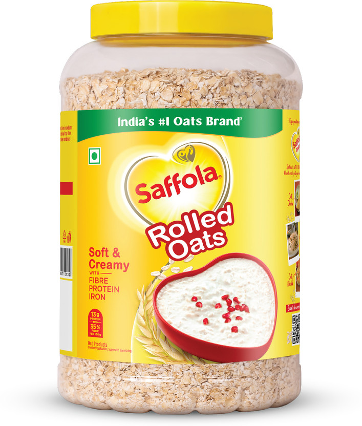 Saffola Rolled Oats, Soft & Creamy, Power of Protein, Iron & Fibre, Nutritious grain Jar(1 kg)