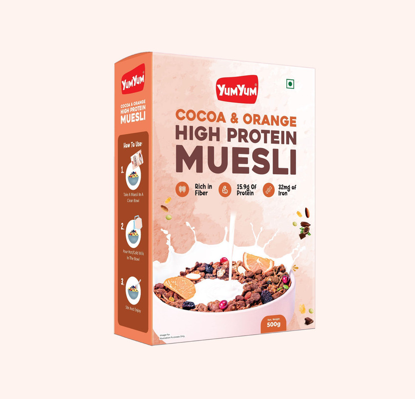 YUM YUM Cocoa & Orange High Protein Muesli 500g Healthy Breakfast Cereal Ready to Eat Box(500 g)