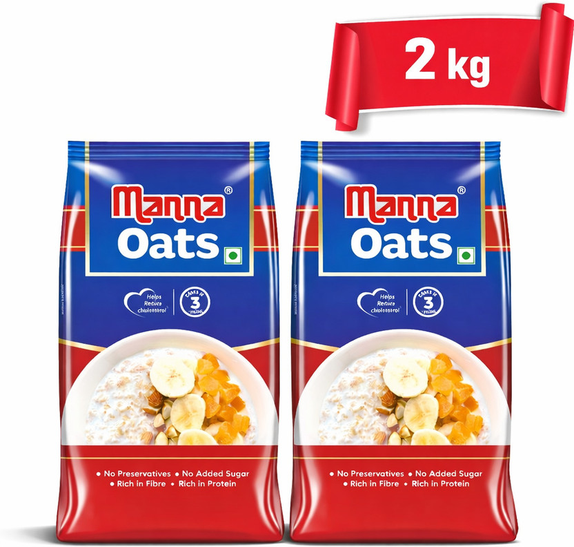 Manna Oats 2kg - High Protein Oats & Fiber, Instant Wholegrain Breakfast Cereal Pouch(2 x 1 kg)