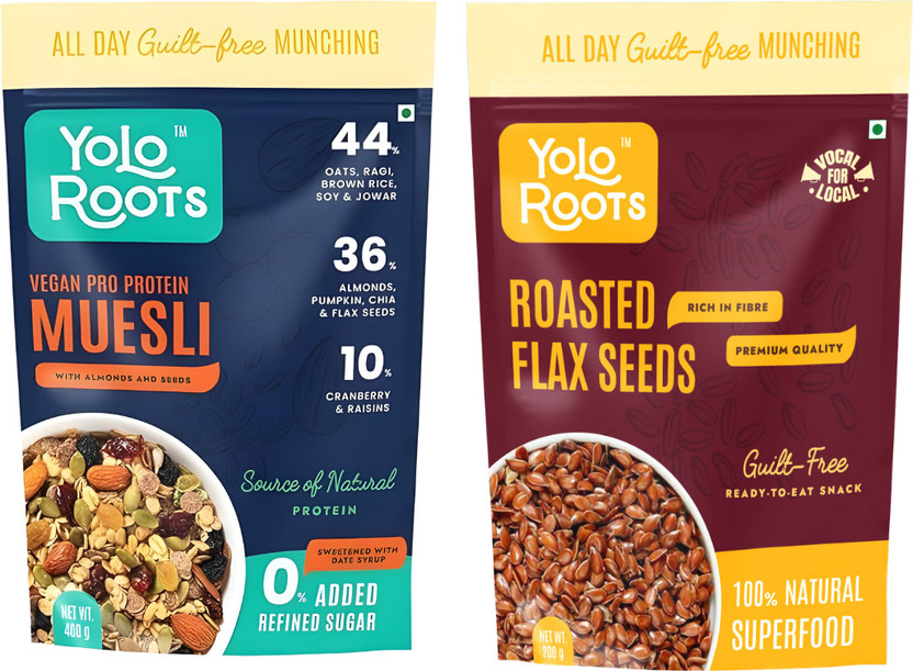 Yolo Roots Vegan Pro Protein Muesli 400g + Roasted Flax Seeds 200g Healthy Breakfast Combo Pouch(2 x 300 g)
